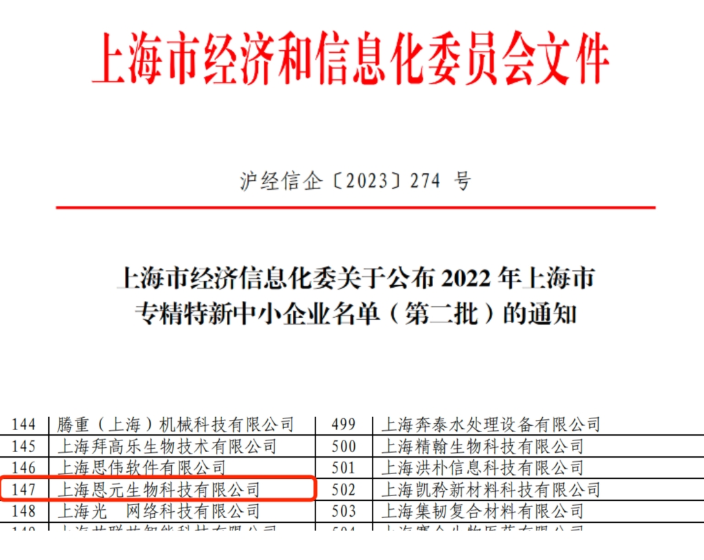 恩华药业子公司恩元生物荣获上海市专精特新中小企业认定
